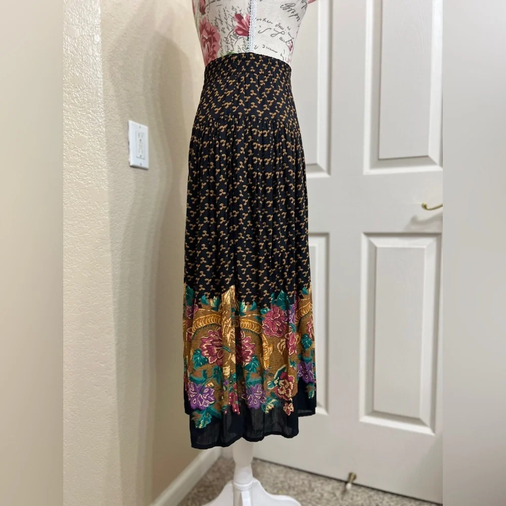 Carole Little Black Midi Skirt with Gold, Pink and Teal Floral Border
